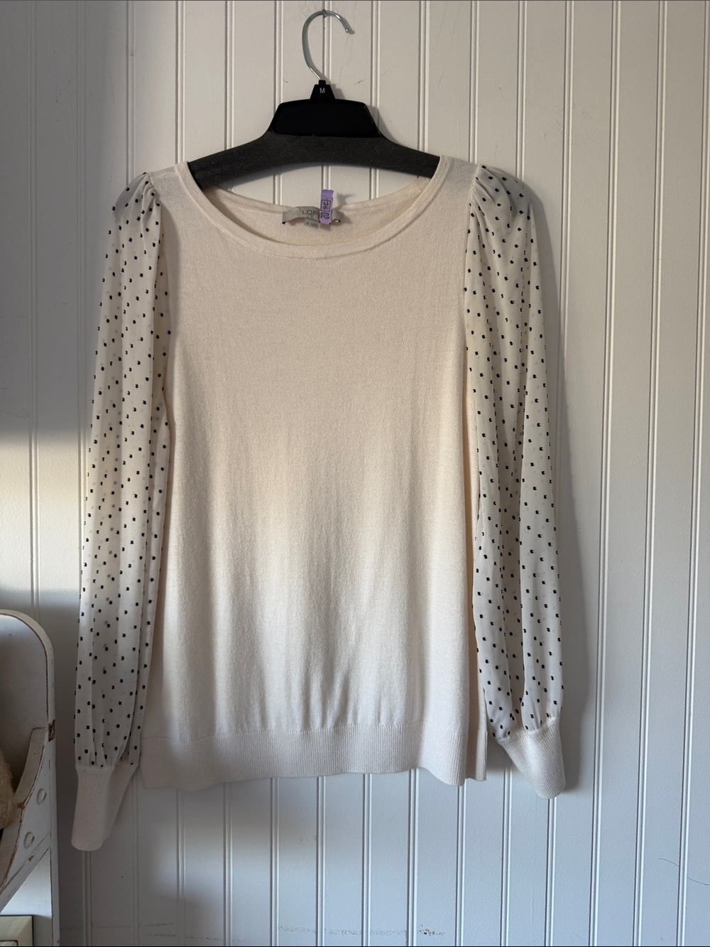 Ann Taylor M Cream sweater with Polka Dot Sleeves